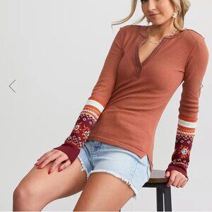 Free People Mikah Notch Neck Top Thermal shirt XL brown We The Free